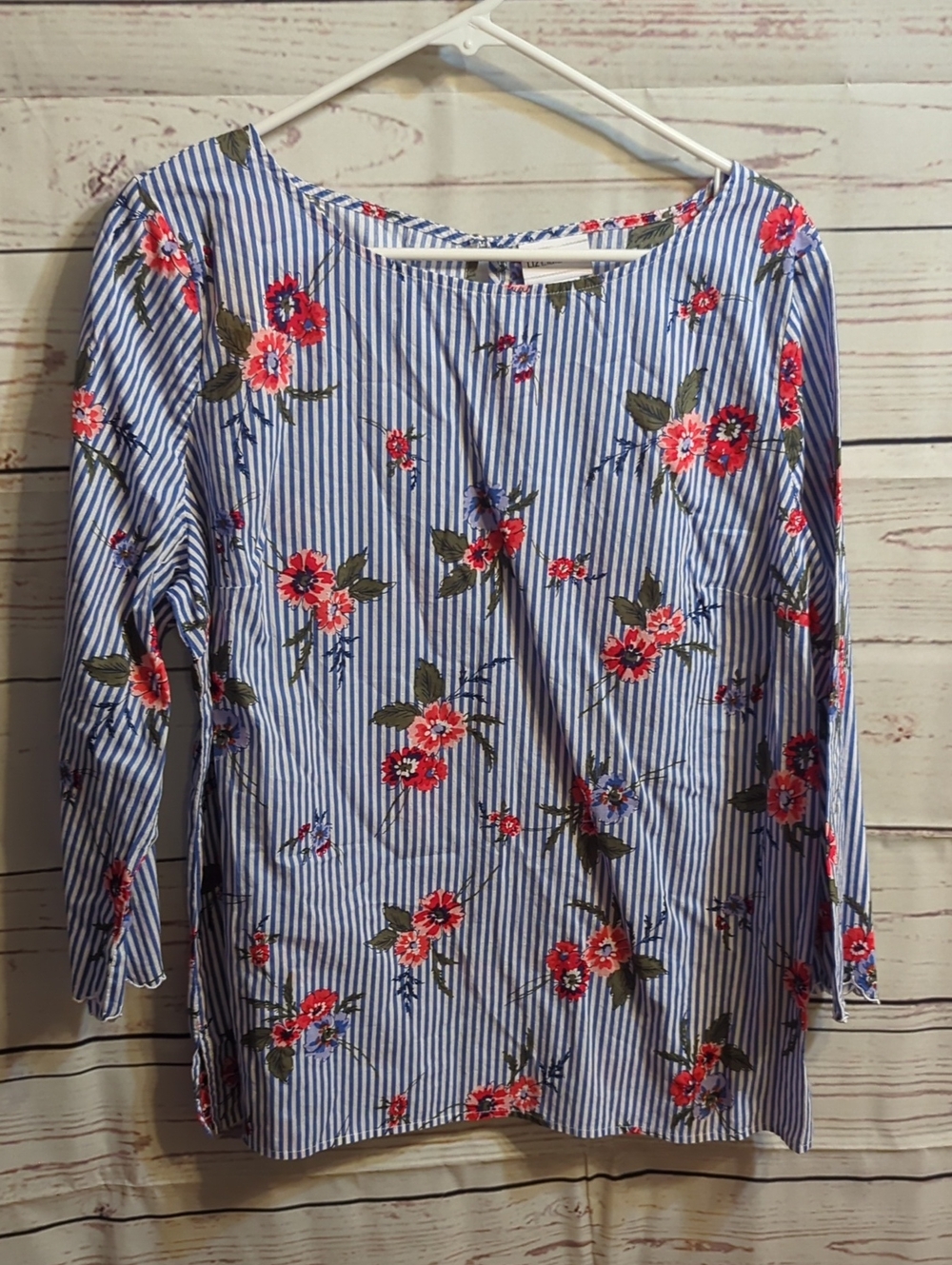 Liz Claiborne Blue and White Striped Floral Blouse